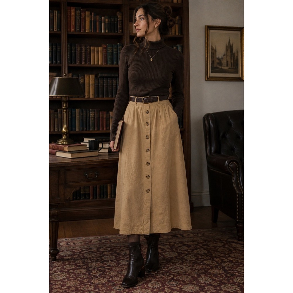 Universal Thread Linen Blend Button Front Midi Skirt Tan Coastal Boho Small